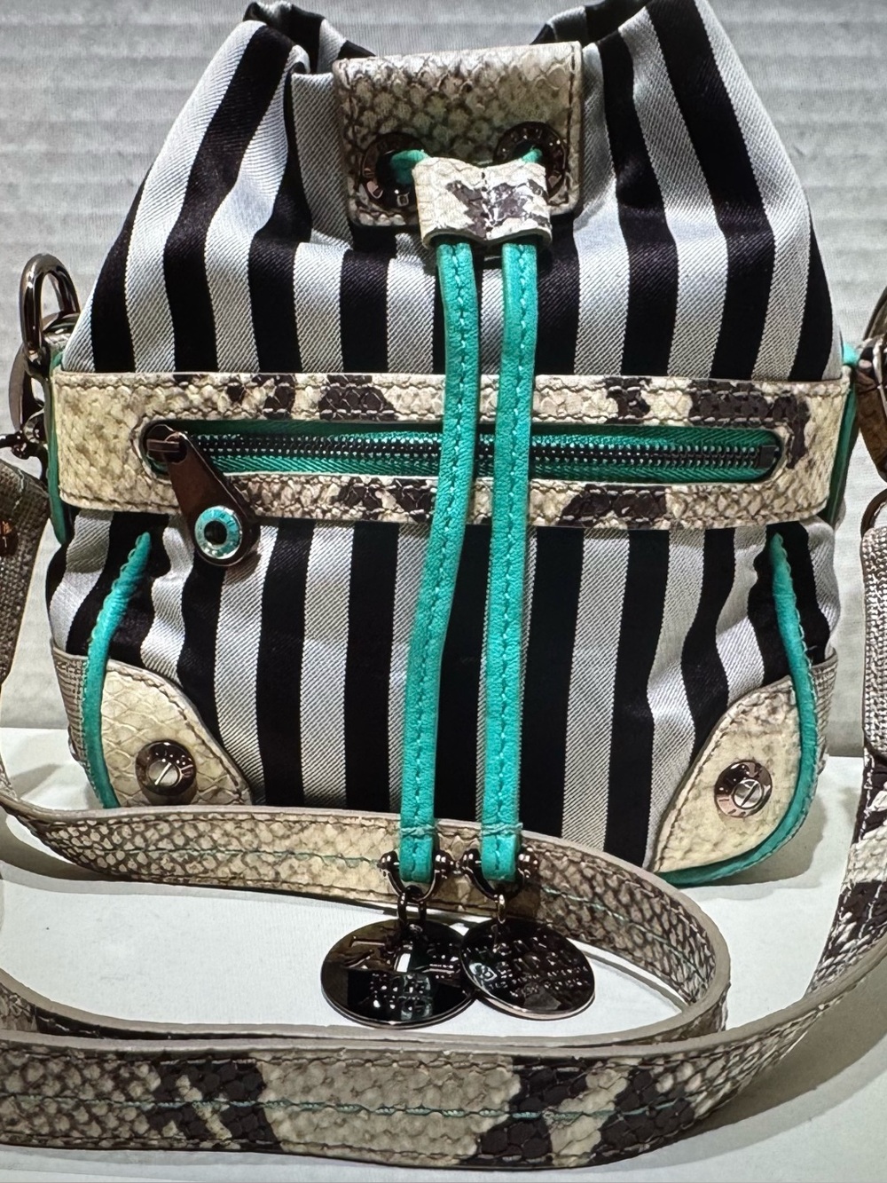 Henri Bendel Black & Silver stripes with Snake accents, turquoise trim Crossbody - Picture 2 of 11